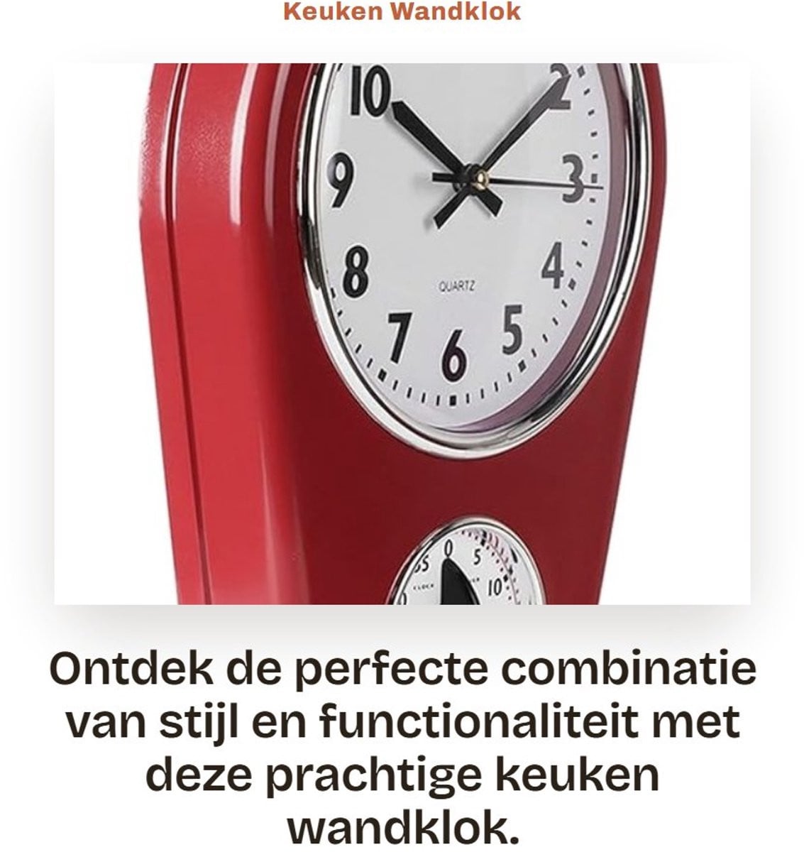 Dailygoody Keuken Wandklok met Timer - Vintage Muurklok met Stille Kwarts Beweging - Rood