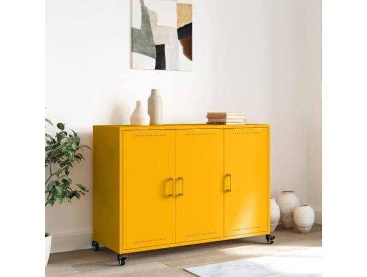 KTHLBRH Sideboard Sideboard, Senfgelb, 100,5 x 39 x 72 cm, Stahl 3 Türen, 4 Rollen, leicht zu bewegen, großer Stauraum, einfache Wartung
