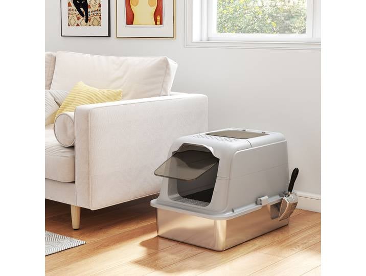 PawHut Maison de Toilette Chat Bac Inox 60x40x41cm Gris Clair
