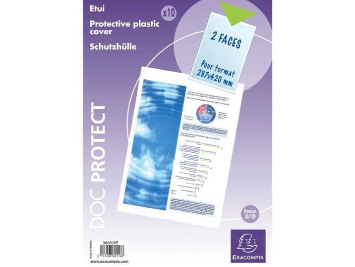 Exacompta - Réf. 389505E - Sachet de 10 étuis protection simple 2 faces pour protéger les documents au format A3 (29\,7 x 42 cm - En PVC lisse Haute qualité - Usage intensif - Couleur cristal