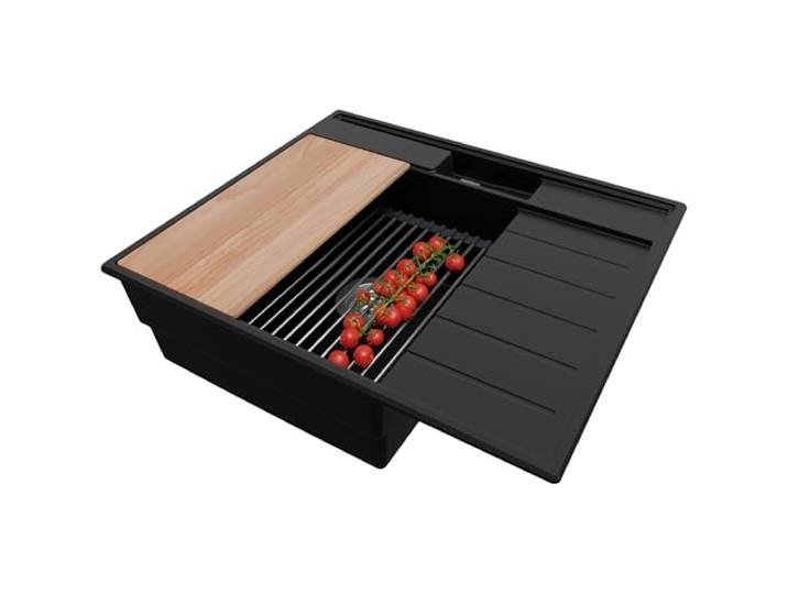 PRIMAGRAN Spülbecken ab 45er Unterschrank + Ablauf-Set, 62x53cm Set: Ablauf-Set (Siphon, Ablaufgarnitur, Überlauf) + Granitspüle 1 Becken - Sydney Pocket, Schwarz