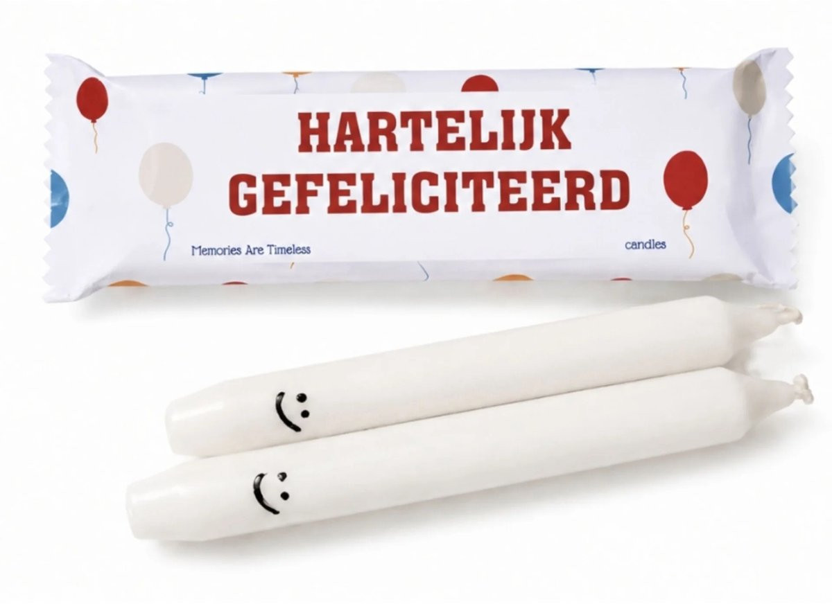 Memories Are Timeless Gefeliciteerd Cadeau Set met Dinerkaarsen met Smiley en Ballonnen Cadeauverpakking
