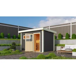 Karibu Saunahaus "Ondo 1" SET terragrau mit Ofen 9 kW ext. Strg, Kabel, Dachfolie, Fenster