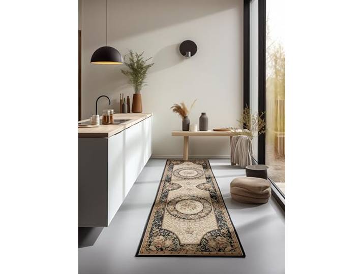 Nouristan Teppich Orientalisch – Läufer Orient Klassisch Orientalischer Wohnzimmerteppich dicht gewebt mit Blumen Flachgewebe für Wohnzimmer, Schlafzimmer, Esszimmer, Flur – Schwarz Creme, 80x240cm