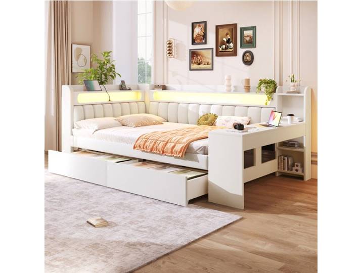 ELVORIN Lit plateforme 140 x 200 cm blanc LED intégrée USB bureau 2 tiroirs