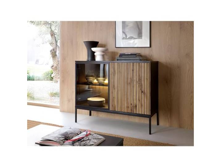 Lomadox Wohnzimmer Esszimmer Anrichte Kommode mit Beleuchtung in schwarz mit Wotan Eiche