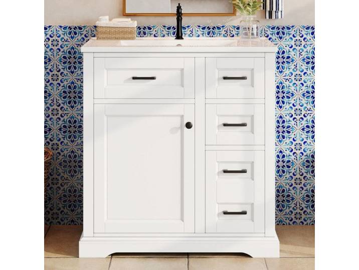 Bladez - Meuble-lavabo sur pied finition brillante - avec portes et quatre tiroirs - Convient aux salles de bains - Blanc