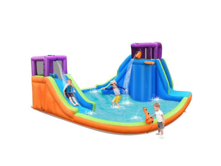 Opblaasbaar Waterpark Dubbele Waterglijbaan met 4 Sproeiers en 2 Waterpistolen en Plonsbad Springkussen Buiten met Klimwand