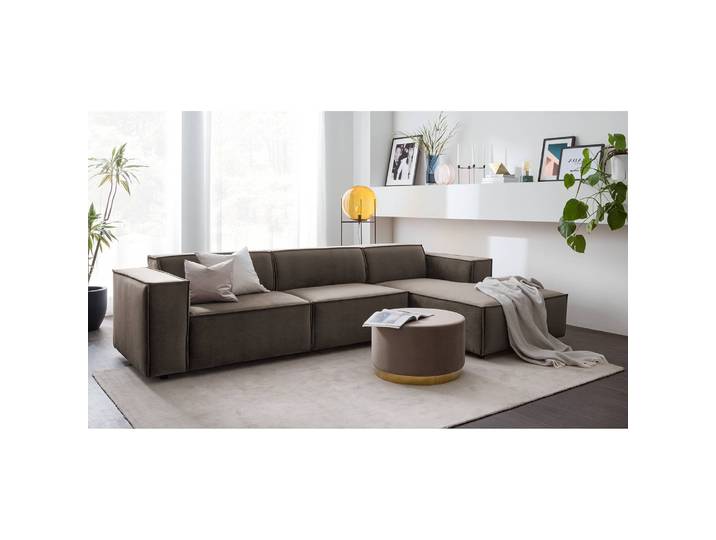 Ecksofa mit Longchair Braun/Taupe Samt Shyla 294cm Longchair davorstehend rechts Keine Funktion Glamour