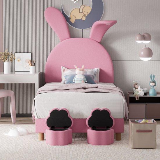 90x200 Bett mit zwei Aufbewahrungslehnen, LED-Nachttischlampe, falten Sie die Konijnenoren, ohne Matratze, Kinderbett, Lattenrost, Höhenverstellbares Kopfteil