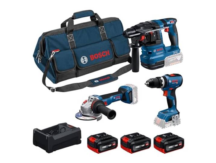 Bosch PRO 18V System Kit combiné : GSB 18V-65\, GBH 18V-22\, GWS 18V-11\, 3x GBA 5.0Ah\, GAL 12V/18V-80\, M-BAG
