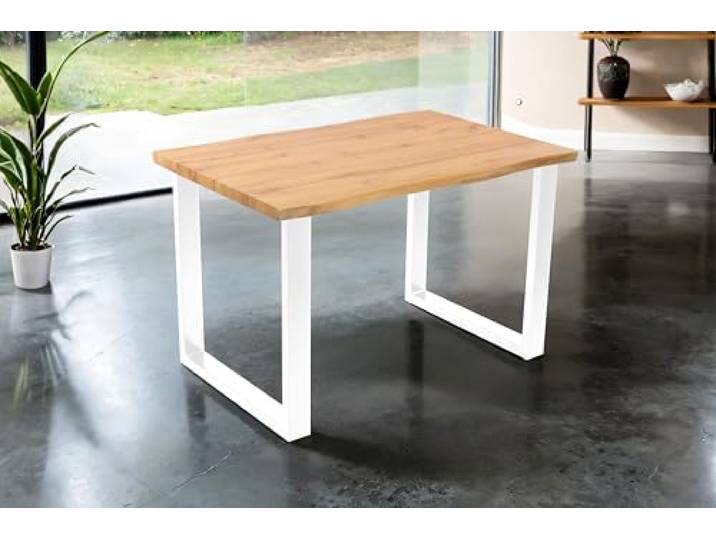SAM Esstisch Josy 120x80 cm Holz Wildeiche-Optik U-Gestell weiß 40 mm Tischplatte mit Baumkante, Metallgestell, Tisch für Esszimmer & Küche