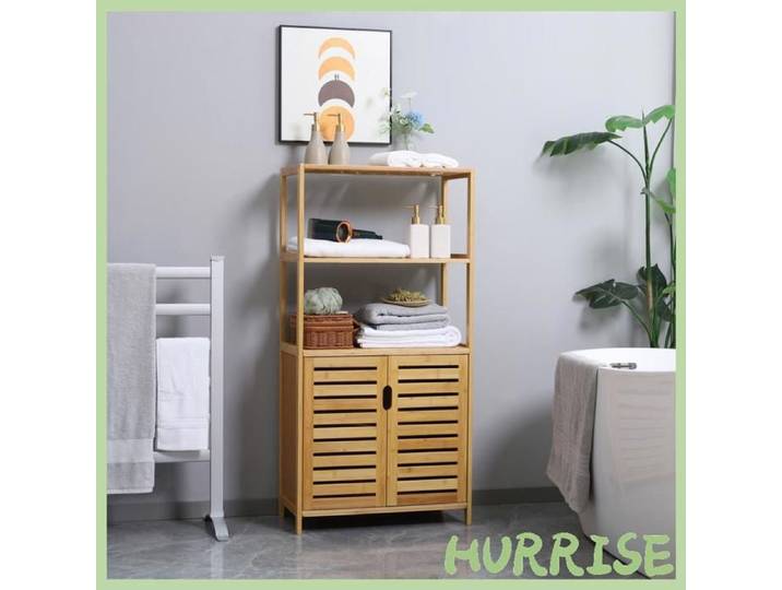 Cocosity Meuble Salle De Bain En Bambou Armoire Salle De Bain Sur Pied 2 Étagères Ouvertes Et Double Porte À Lattes Naturel