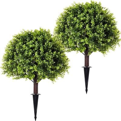 YUN "24"" Artificial Eucalyptus Shrub, UV Resistant Faux Greenery with Ground Stake for Outdoor Decor"
