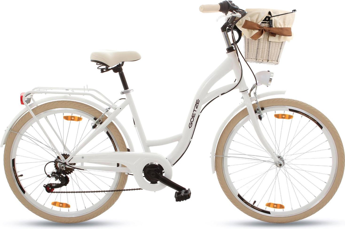Goetze Mood 26 Zoll City Bike, 17 Zoll Tiefeinsteigerrahmen, 6-Gang Shimano Tourney, V-Bremse, LED-Beleuchtung, Komfortsattel, Rattankorb