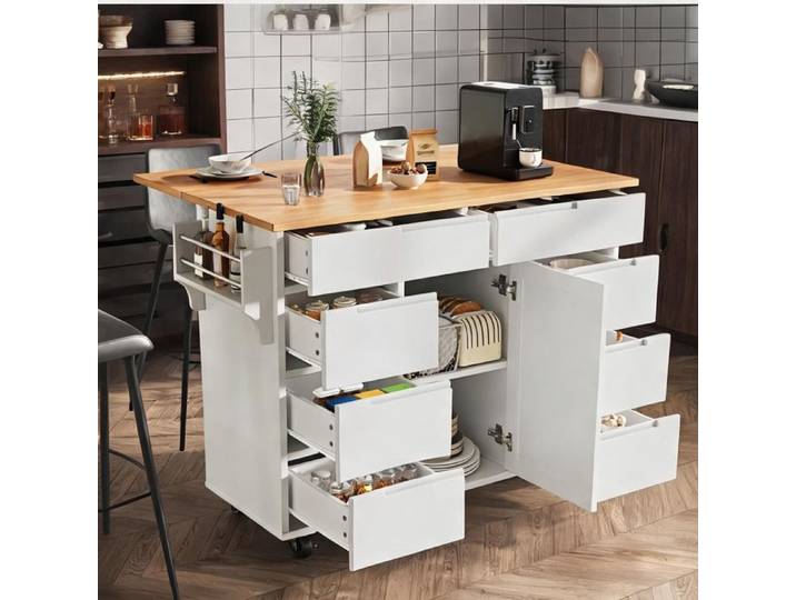 Îlot central mobile avec 8 tiroirs et plan extensible MDF soft white