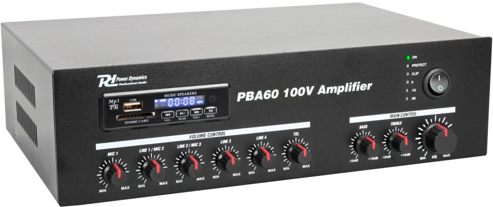 Amplificador PA 60W RMS (100V) com MP3 USB/SD/BLUETOOTH (PBA60) - Power Dynamics
