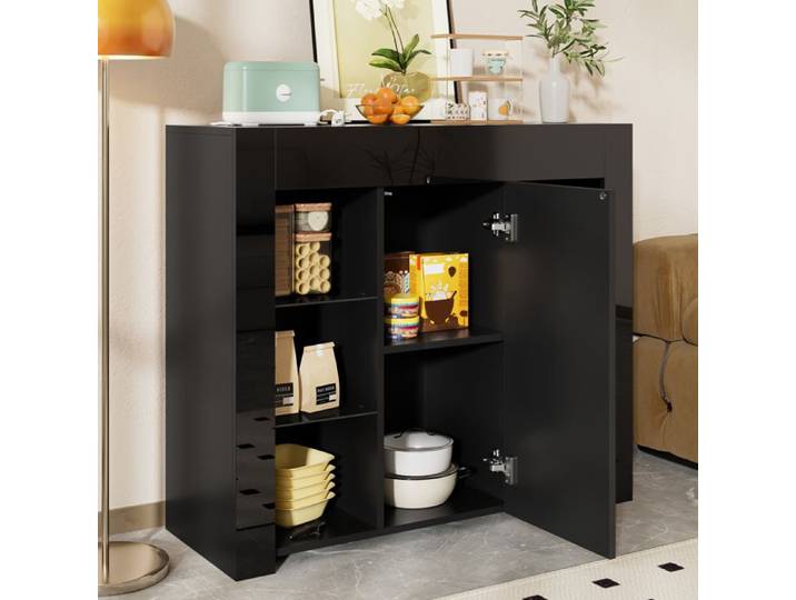 LPOSPI Buffet noir laqué - portes et étagères verre bahut compact design salon - 95x35x83 cm - noir