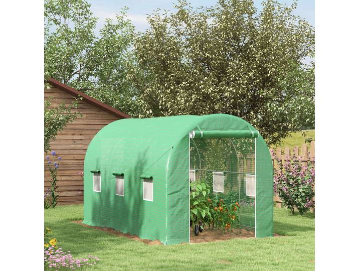 Outsunny Serre Tunnel 8m² Porte Zippée 6 Fenêtres Vert