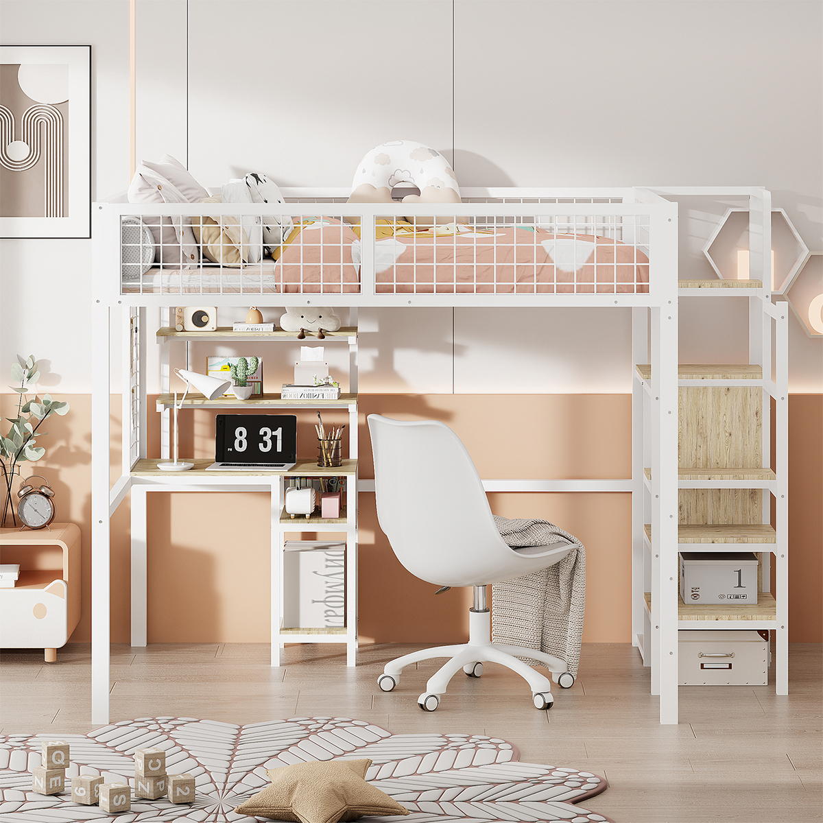 Hausbett mit Sicherheitsleiter Kleiderschrank und Computertisch Hochbett Kinderbett Hochbett Einzelbett 140 x200cm Weiß