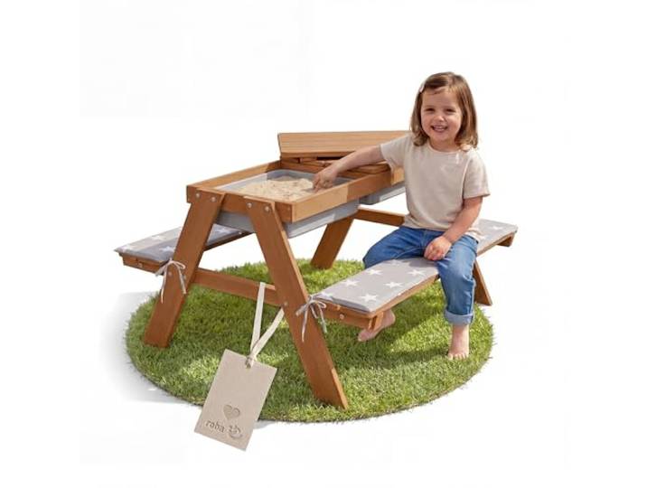 roba Kinder Outdoor+ Sitzgruppe mit Spielwannen & Sitzkissen – Kindersitzgruppe aus Massivholz für Garten & Terrasse – Matschtisch – Teak-Optik