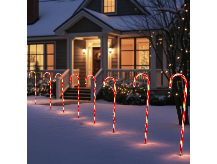LED-Gartenstecker Zuckerstange, 8 Stück, rot-weiss, je H 74 cm