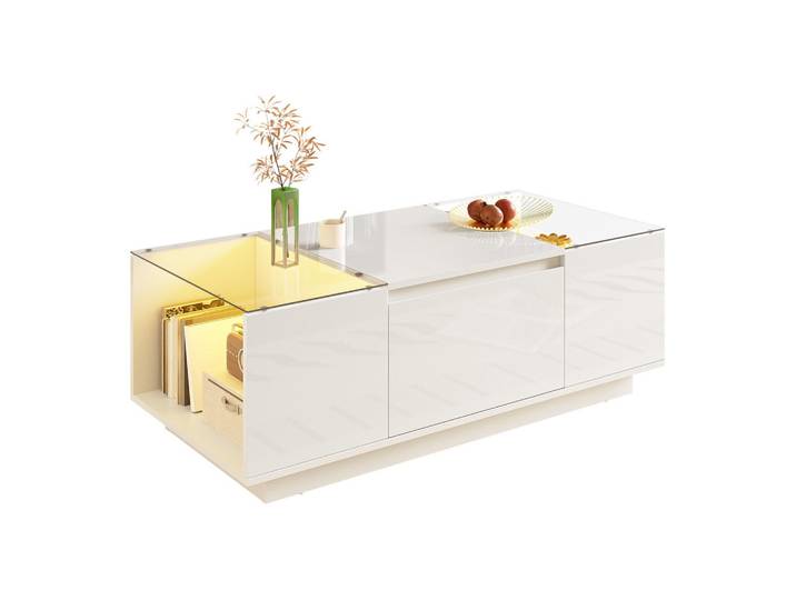 Flieks Couchtisch 105cm Modern Minimalistisch LED Stauraum, Weiß, 50x35x105 cm, Wohnzimmer, Wohnzimmertische, Couchtische