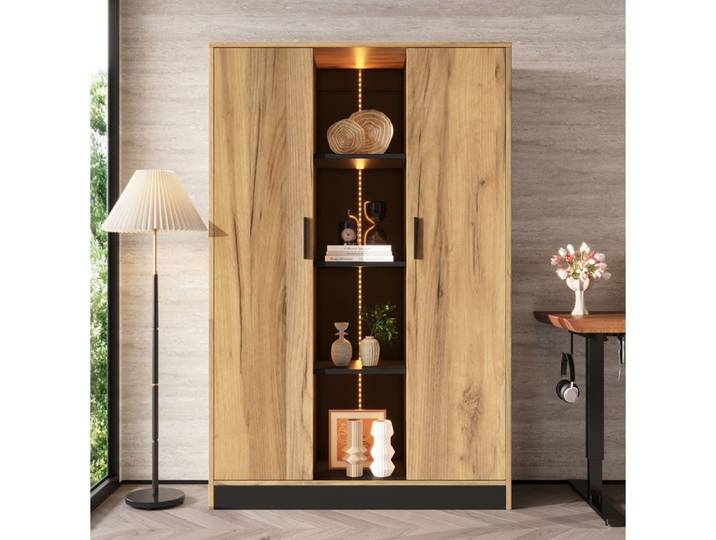 SENVIRO Vitrine haute 95 x 35 x 160 cm 2 portes niche avec éclairage LED décor chêne et noir