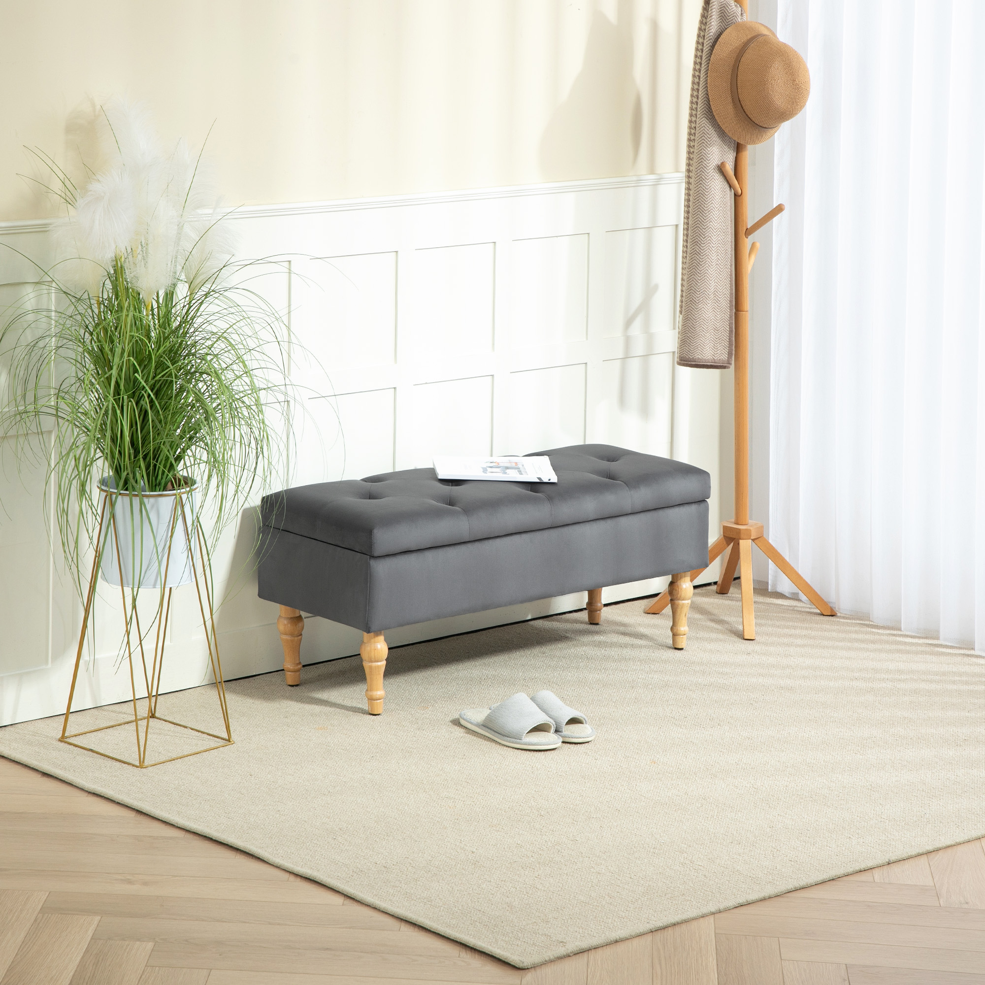 Homcom Panchina contenitore 2 in 1 panchina in velluto con coperchio a molla trapuntato e piedi in legno, grigio scuro