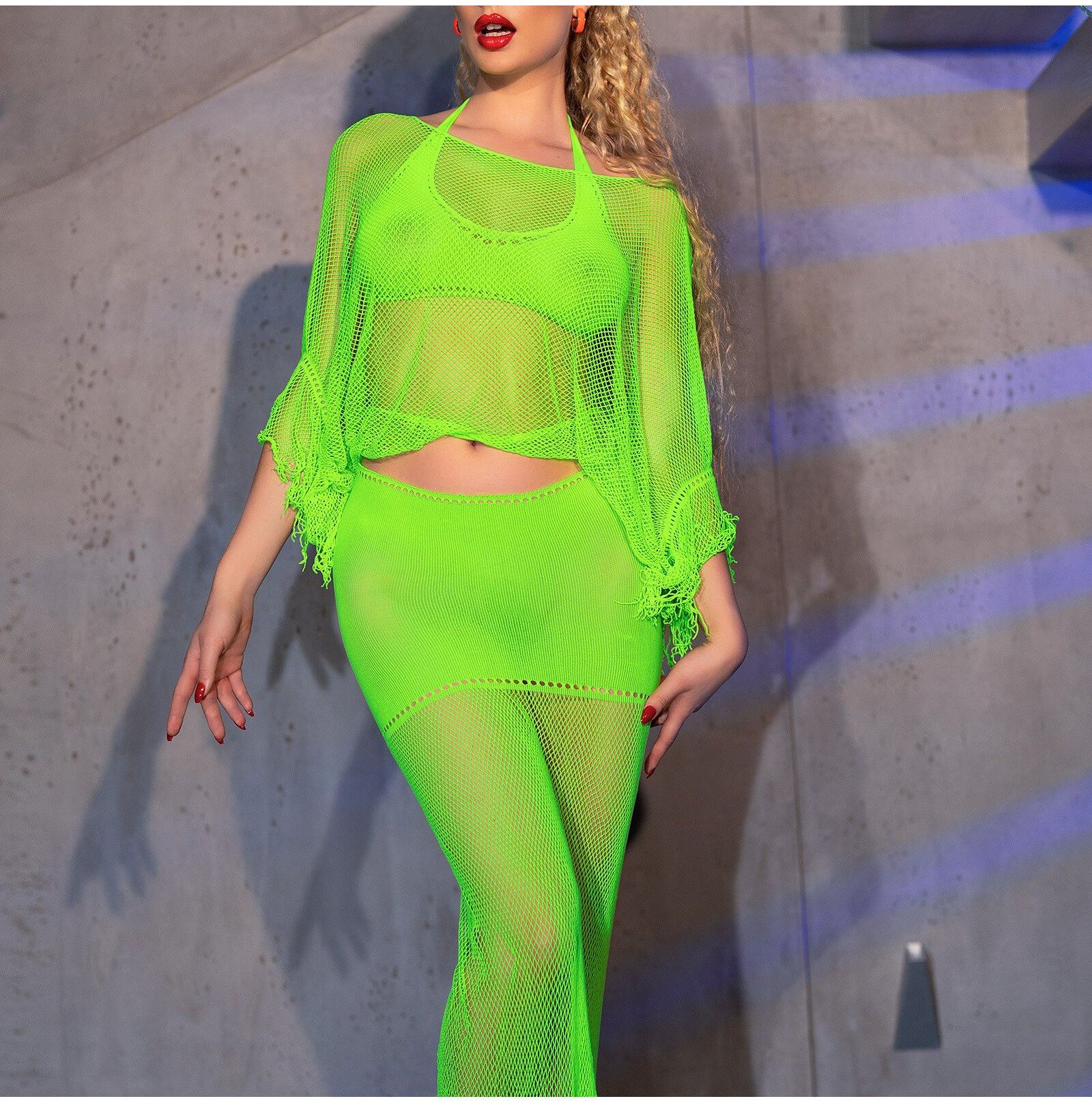 Chilirose Ensemble CR-4666 manches longues avec franges vert