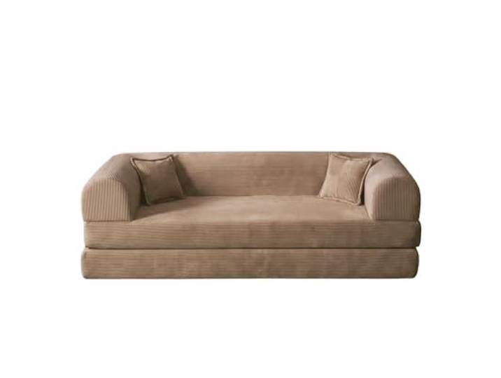 Hanah Home Beige 3-Seat Sofa-Bed, 190 cm 100% Ribbed Plush Fabric, 28 DNS Flexi Foam, Removable Cover, Paw-Friendly, Includes 2 Cushions