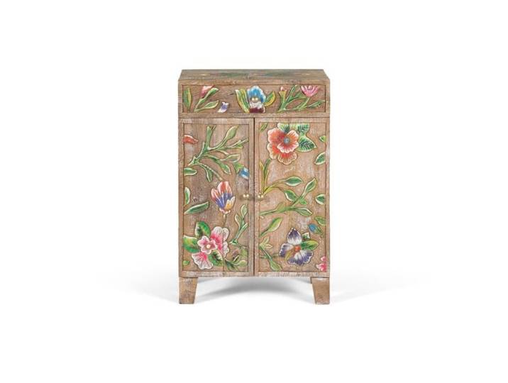 Buffet bas en bois de manguier - Détails peints à la main - Style vintage - Multicolore - Tiroir supérieur - Deux portes