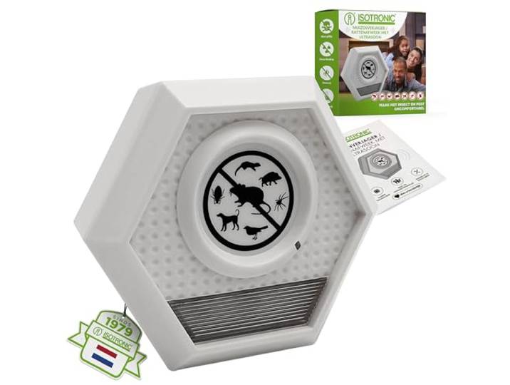 ISOTRONIC Ultrasone Muizenverjager – Voor muizen & ratten – Met ultrasoon geluid & knipperlicht – Zonder gif of muizenval – Effectief bereik 100 m² – 1 stuk