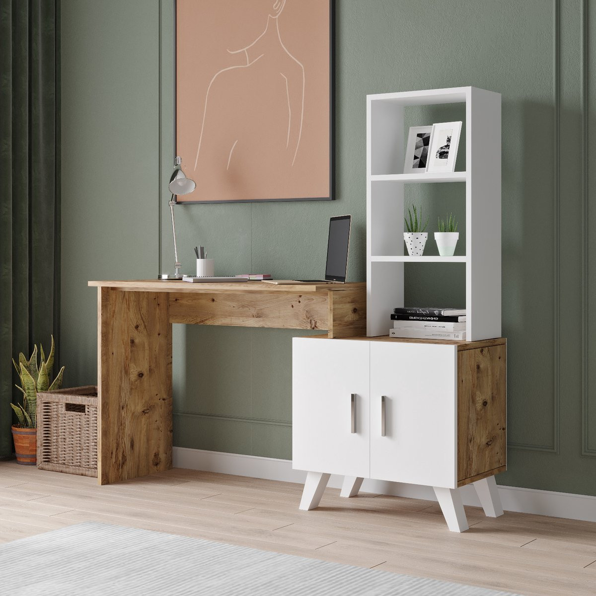 Rich Interiors® Computertafel Wit met planken Vintage stijl