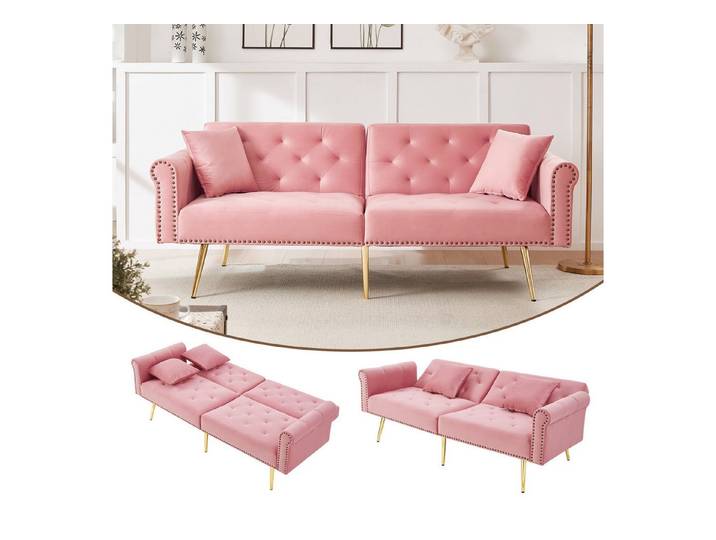 Merax Schlafsofa mit Bettfunktion, 1 Teile, 2-Sitzer-Sofa mit verstellbarer Rückenlehne & goldenen Metallfüßen