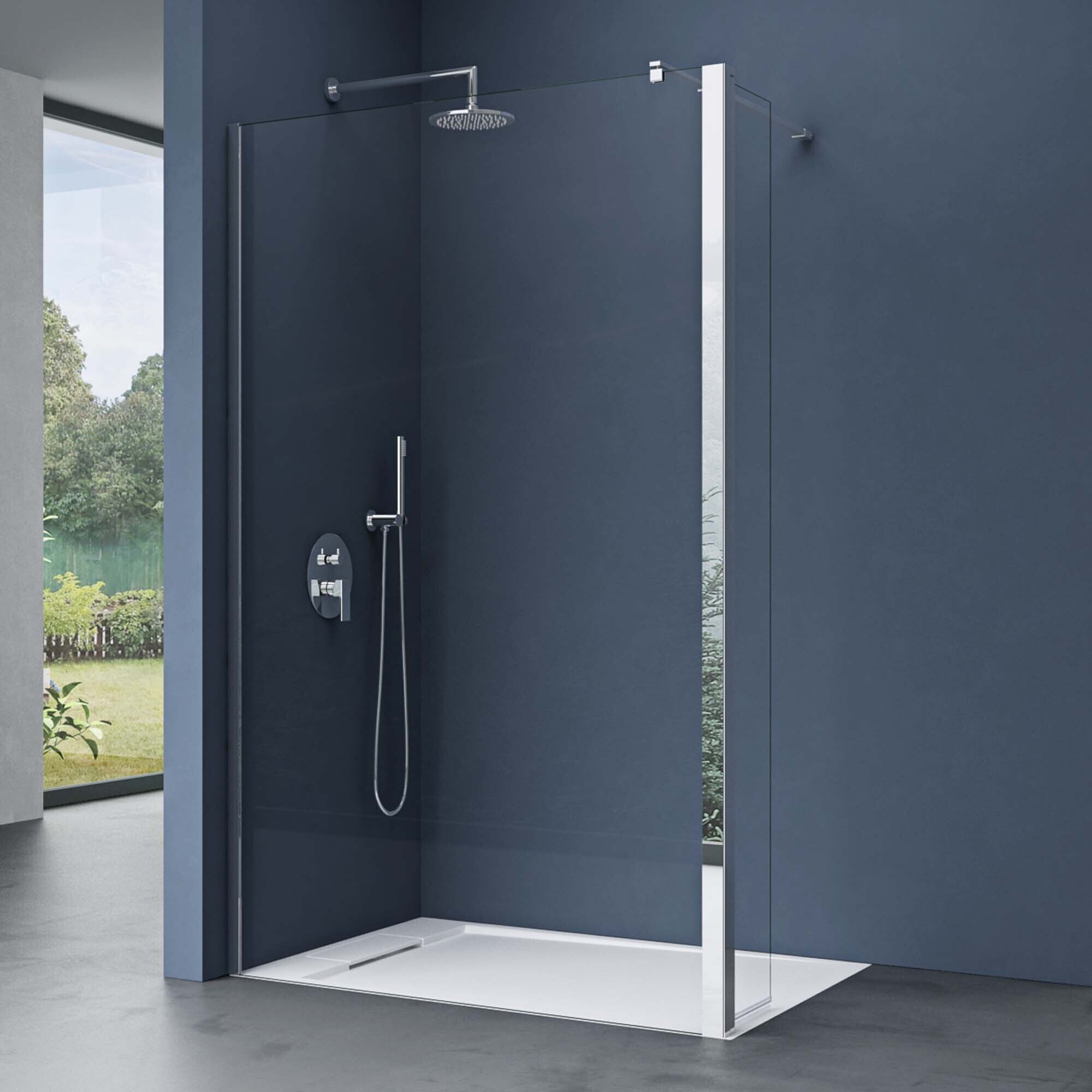 doporro Duschwand 150x200cm Walk-In mit 30cm Nebenteil, 10mm Duschabtrennung Bremen mit rundem Stabilisator, aus Echtglas ESG-Sicherheitsglas Klarglas