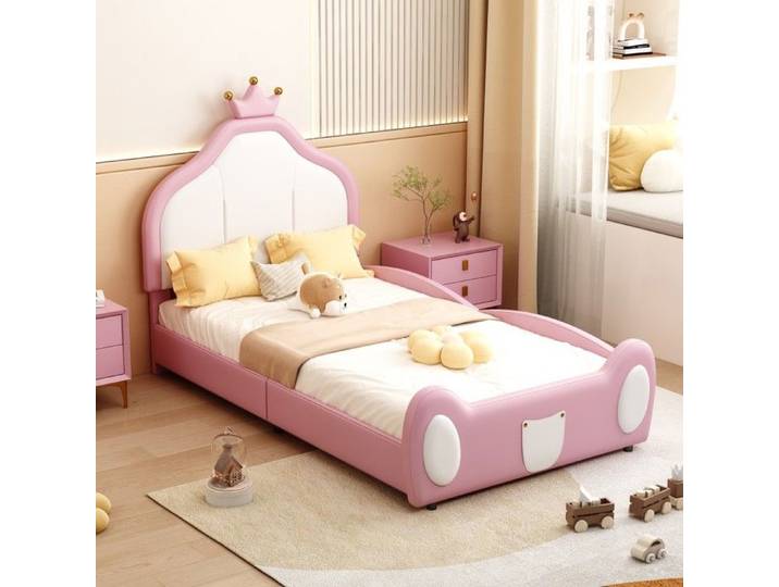 Lit Enfant Rose Similicuir-Corniche-Sommier Lattes 90x200cm-Bicolore Tête Pied-sans Matelas