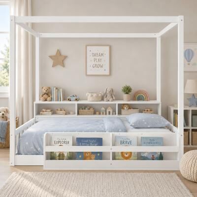Twin Size Floor Bed with Fence & Guardrails, Kids Floor Bed Frame with Built-In Bookshelf and Storage Shelves