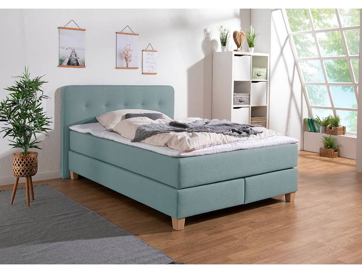 Boxspringbett, Strukturstoff, Blau Petrol, 153×207 cm, Mit Topper, Klassisch, Home Affaire