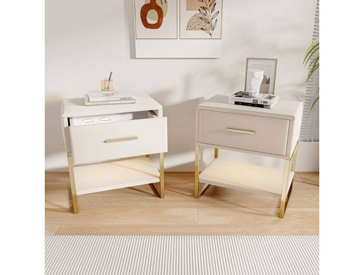 Table de chevet - ADWOLT - ADWOLT - Lot de 2 - 1 tiroir et compartiment ouvert - Velours beige