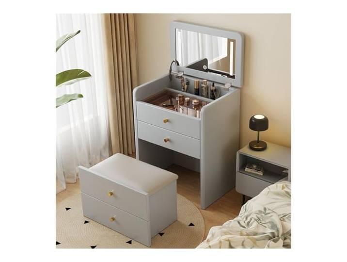 zhangrui1888 Schminktisch Schminktisch mit Klappspiegel, gepolstertem Hocker Schlafzimmer-Make-up-Waschtisch ﻿(Grigio)