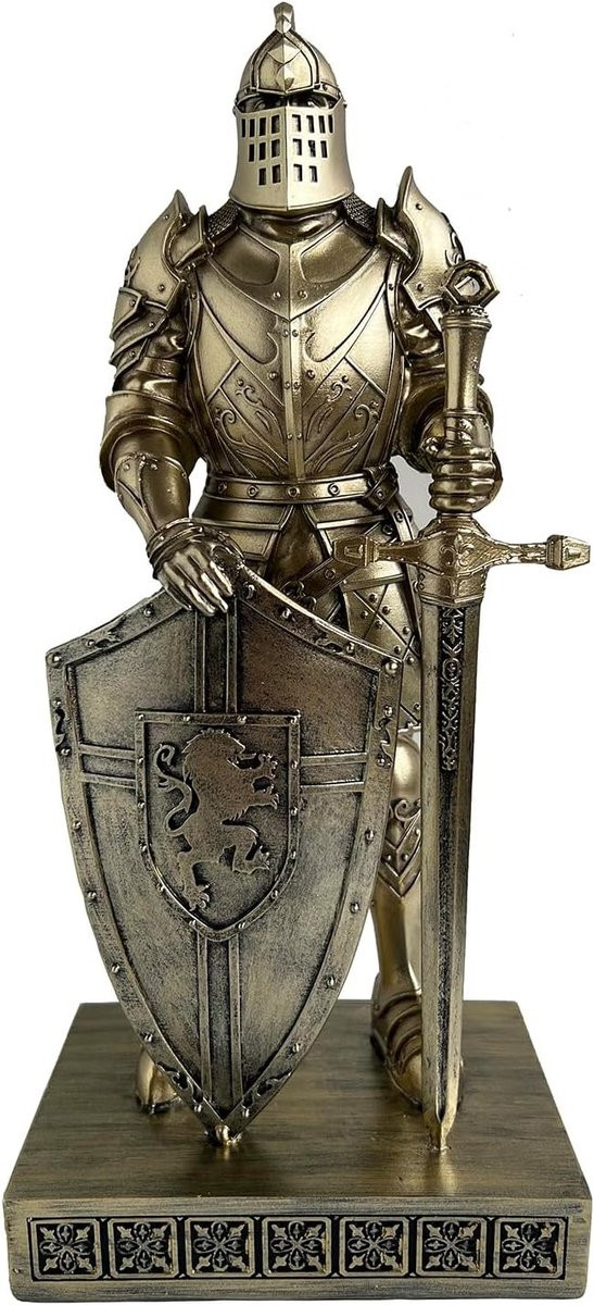 Middeleeuwse ridder met schild ornament en paperweight voor kantoor en thuis, Brons, Hoogte: 32 cm