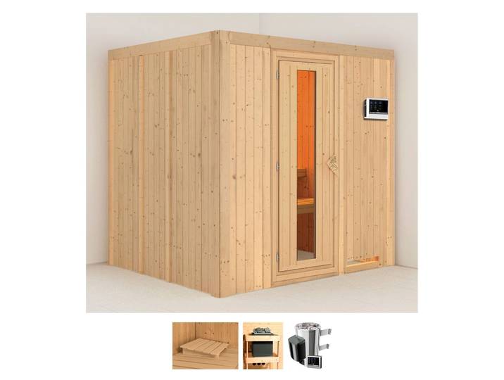 Sauna KARIBU Dima , beige (naturbelassen), Saunaofen, externe Steuerung, 3,6 kW, Saunen, Sauna, Ofen 3,6 kW externe Strg.easy
