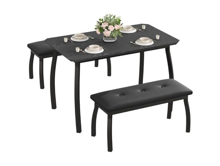 AFF Ensemble table et chaise de salle à manger-pour 4 Personnes–Table rectangulaire Bois 2 bancs rembourrés en Similicuir noir