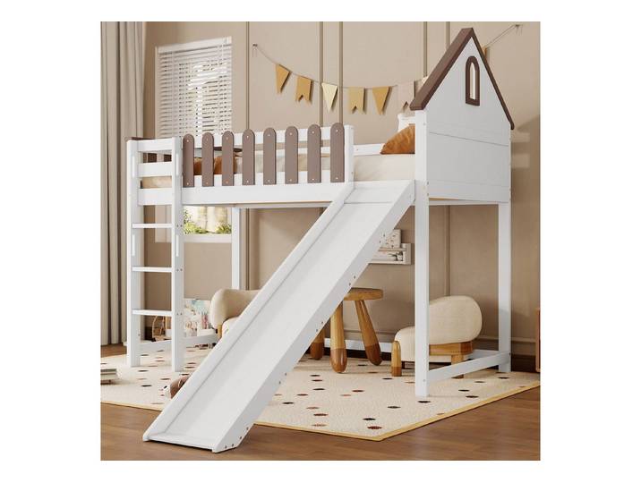 Flieks Hochbett Kinderbett Haus-Design 90x200cm mit dreistufiger Leiter und Rutsche
