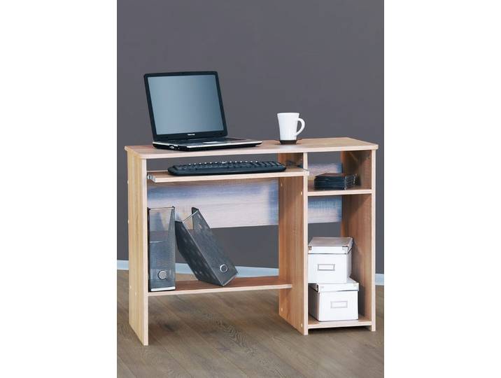 Schreibtisch VOGL MÖBELFABRIK Sam , braun (eichefarben), B:91cm H:72cm T:50cm, Tische, Schreibtisch, mit Tastaturauszug & Towerfach, geschwungene Tischplatte, Breite 91 cm