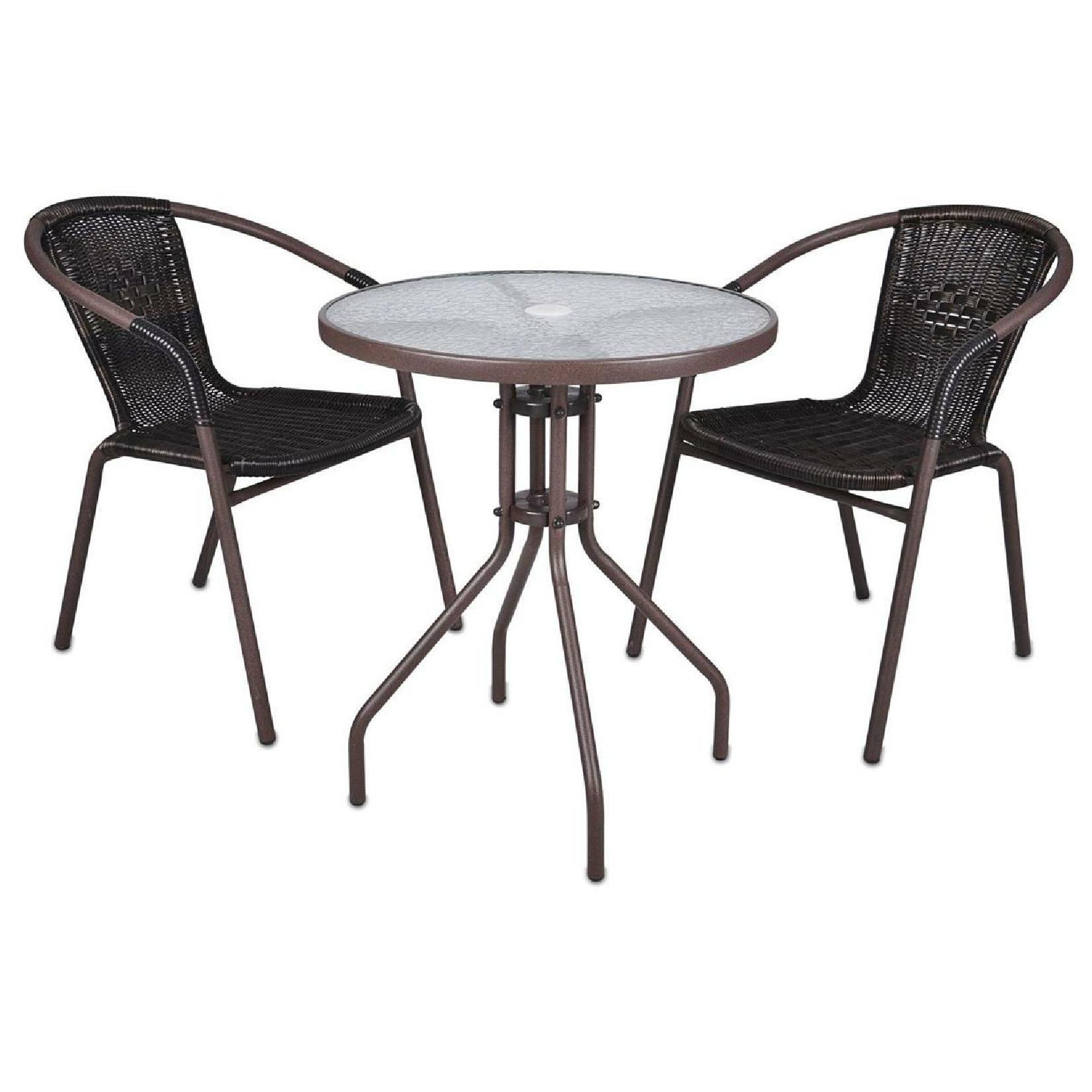 VCM 3-tlg. Bistroset Balkonset Gartentisch: Durchmesser 60 cm, Höhe: 72 cm Stuhl braune Sitzgarnitur Bistrostuhl Poly-Rattan