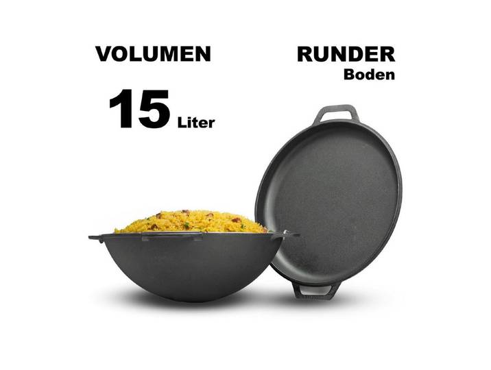 BIG-PAN Wok 15L Gusseisen Schwenktopf Kazan Deckel-Bratpfanne Campingtopf Kessel, Gusseisen