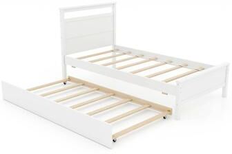 Costway Twin Size Wooden Bed Frame with Trundle for Teens and Adults-White