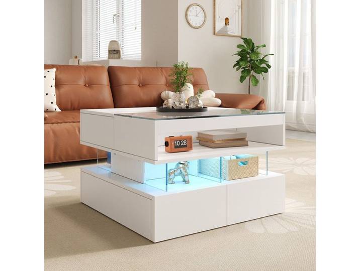 Bladez - Table Basse Rectangulaire 70×67×57 cm avec Éclairage LED 4 Tiroirs Relevable Design Moderne Salon - Blanc